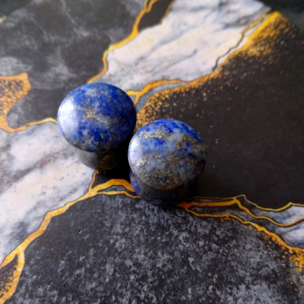 Pair Genuine Blue Lapis Double Flared Plugs Earrings 12mm /14mm